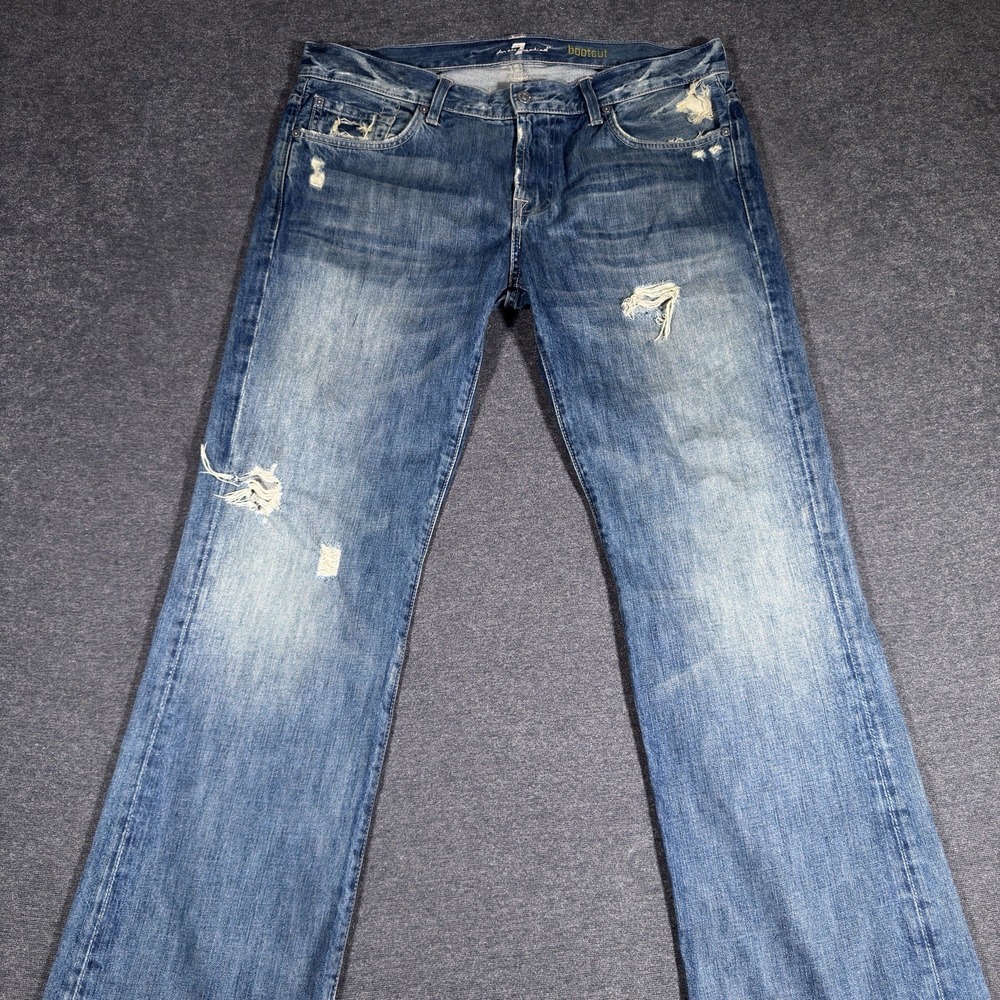 7 For All Mankind Bootcut Jeans Men 36x31 Blue Distressed Denim Made in USA
